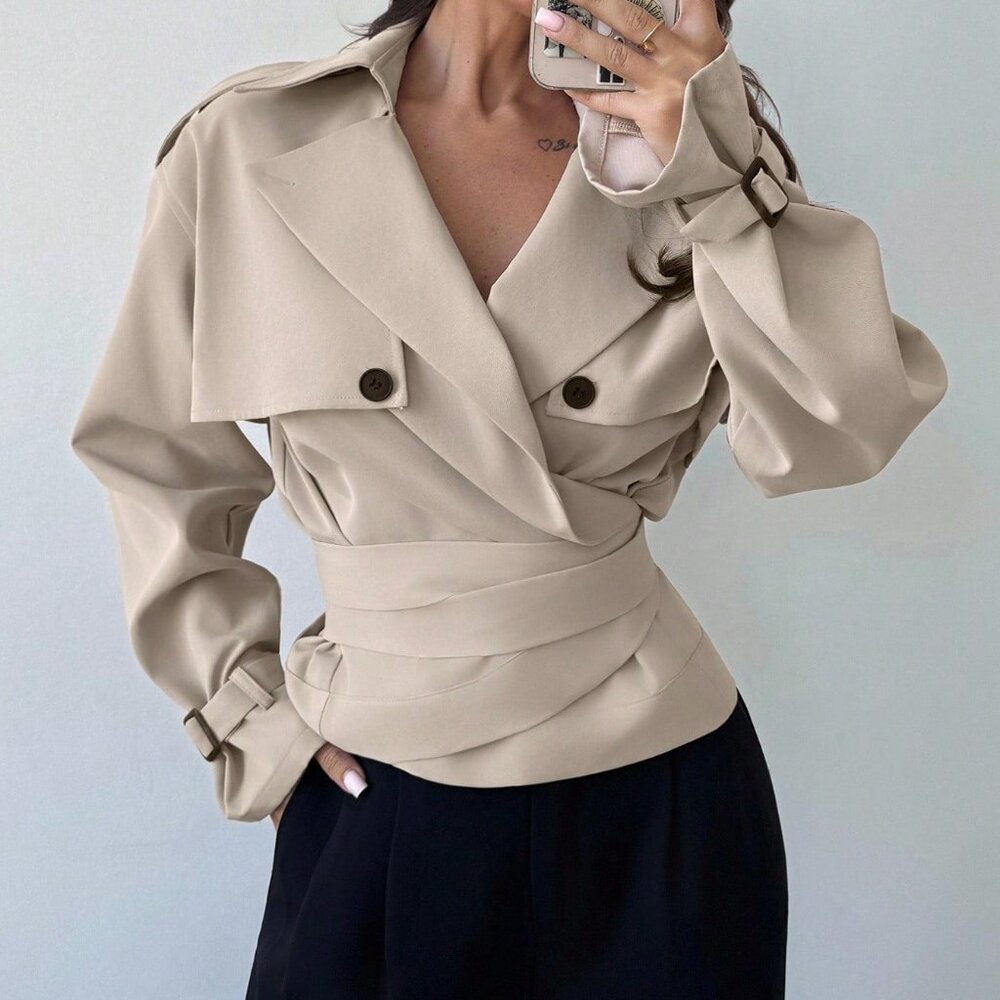 Mocha Brown Casual Women's Elegant Lapel Neck Short Trench Coat - Picture 3 of 8